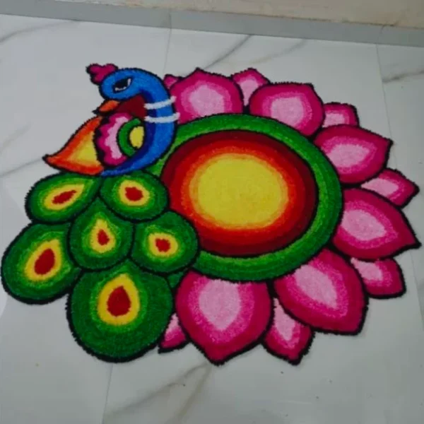 Peacock Green Feather Pink Petals Round Designs